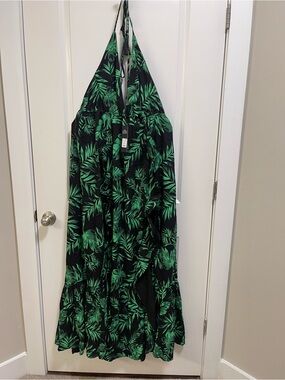 Fashion Nova Black Halter Maxi Dress with Green Leaf Print